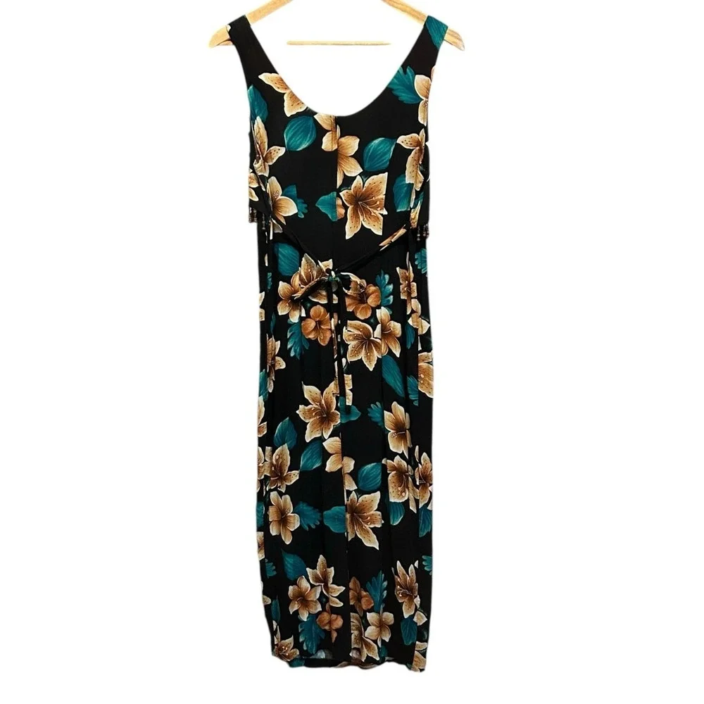 Vintage Y2K Maxi Dress 6‎ Black Tropical Floral Beaded Resort Beachwear Vacation